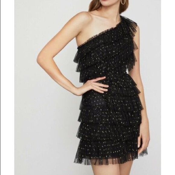 BCBGMaxAzria One Shoulder Metallic Lace Party Dress Black Golden - Picture 3 of 11